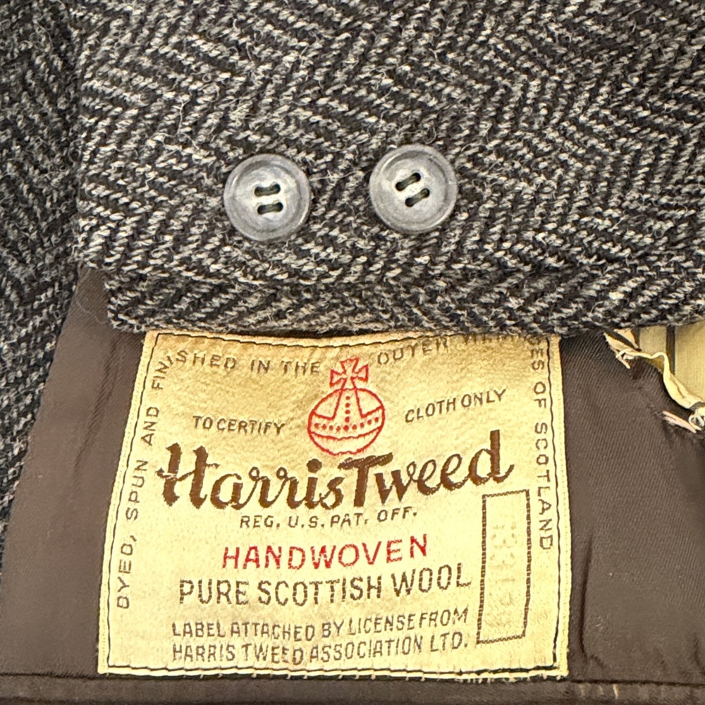 Vintage 1950s Harris Tweed Sport Coat Mens 44S 44R Gray Herringbone Half Lined